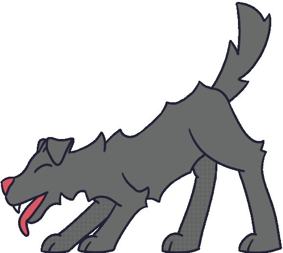 A cartoonish grey dog wagging its tail and panting